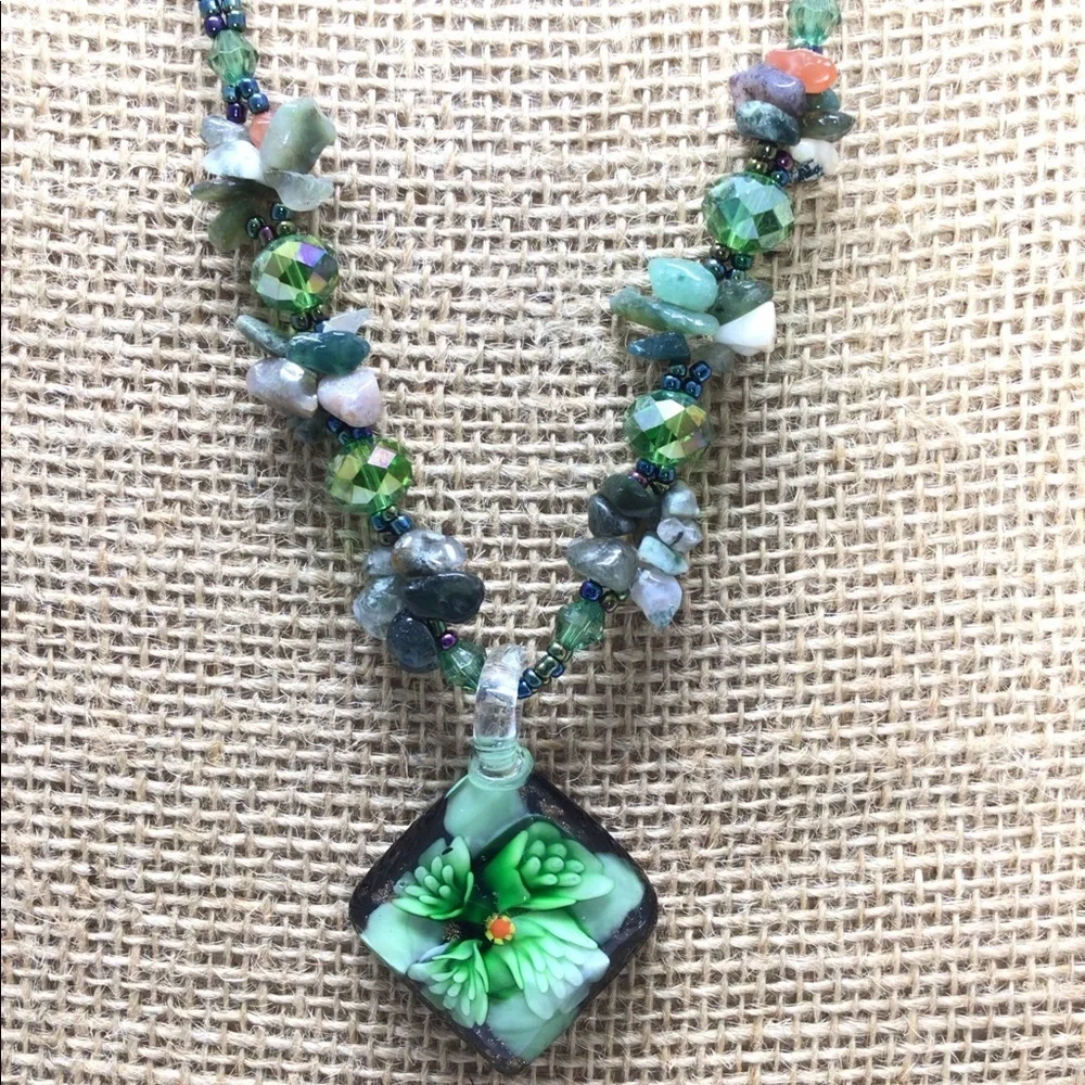 Fashion Green Floral Glass Necklace & Earring Set